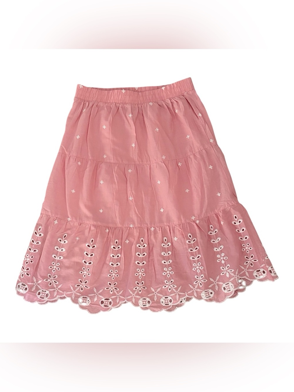 Paisley Lane Girls Pink Tiered Embroidered Eyelet Knee Skirt Pull-On 10 - Picture 2 of 5